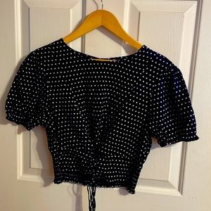 Navy blue polka dot crop top with tie